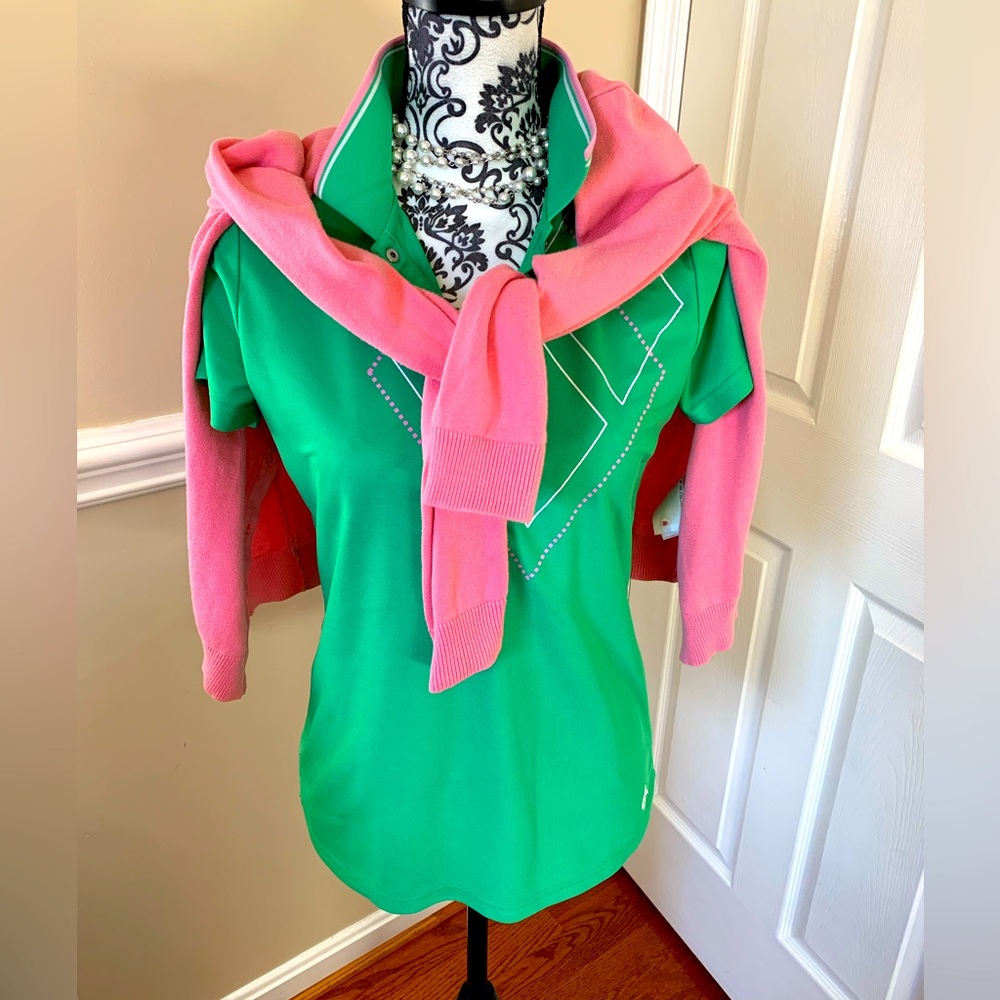 CROSS SPORTSWEAR m, WOMEN- PIQUE ARGYLE GOLF POLO GREEN W/PINK, SZ M